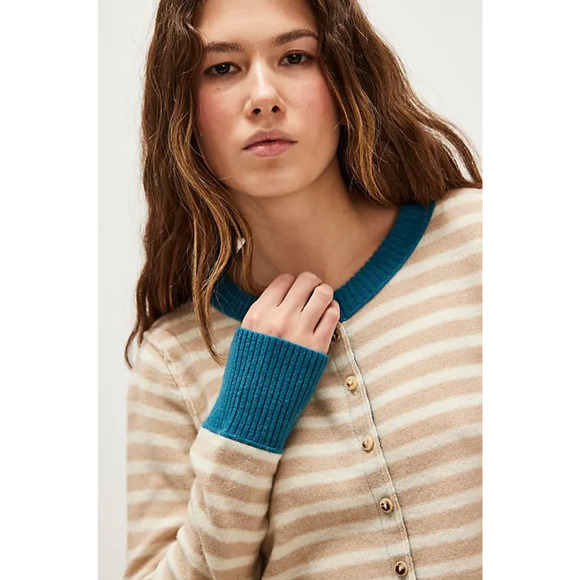 FREE PEOPLE WAVES COMBO NOCTURNAL STRIPE CASHMERE BLEND CARDI CARDIGAN SWEATER S - Picture 3 of 6